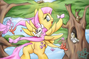 Fluttershy in a park with all sorts of animals by  AquaticSun