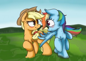 Rainbow Dash flirtatiously touching Applejack's cutie mark with a wing by ChuckyBB